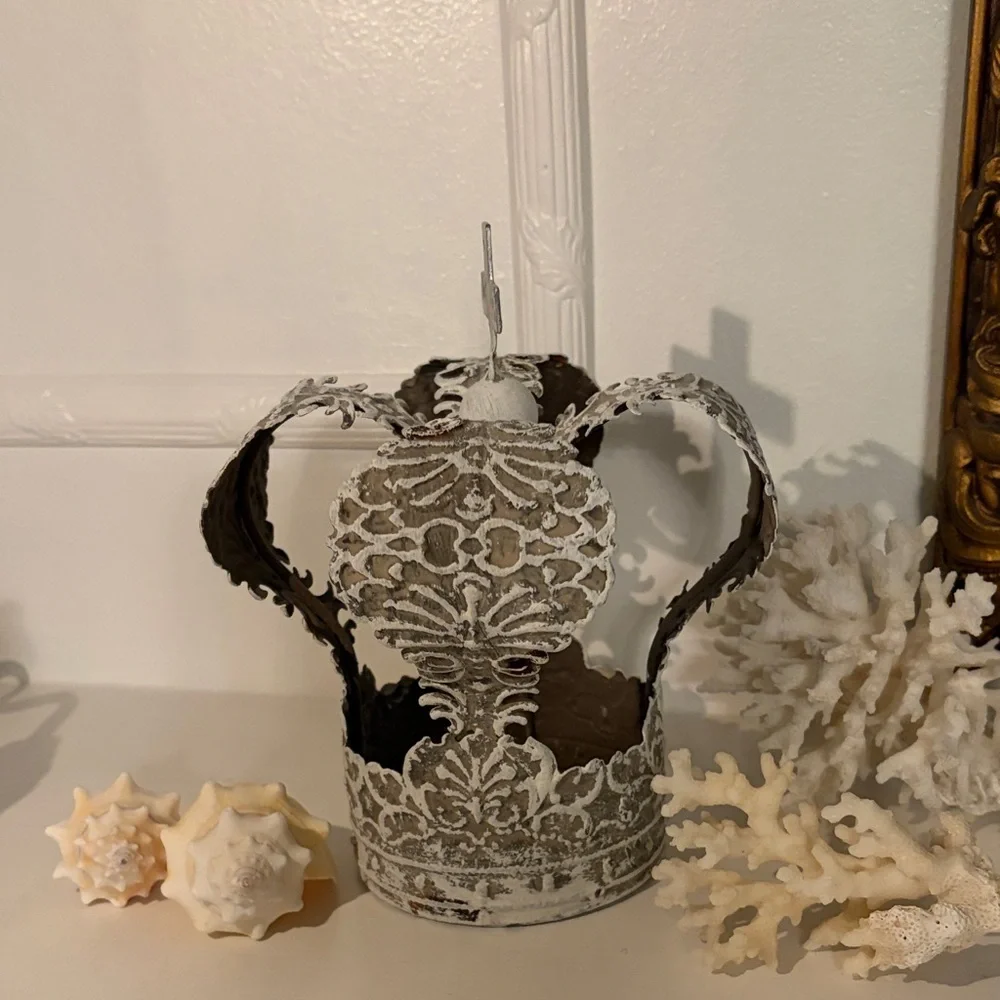 Distressed White Metal Crown Home Accent - Picture 4 of 9